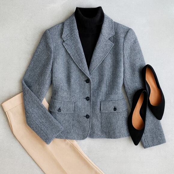 LL Bean Herringbone Tweed Blazer Wool Silk Blue Lined 3 Button Jacket Small - Picture 2 of 13